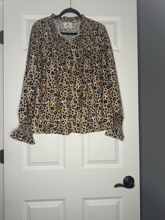 Betseys Boutique Shop Long Sleeve Blouse Xl Brown Black White Animal Print 
