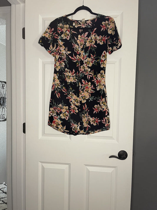 Roxy Short Sleeve Dress Small Black W Multi Floral 