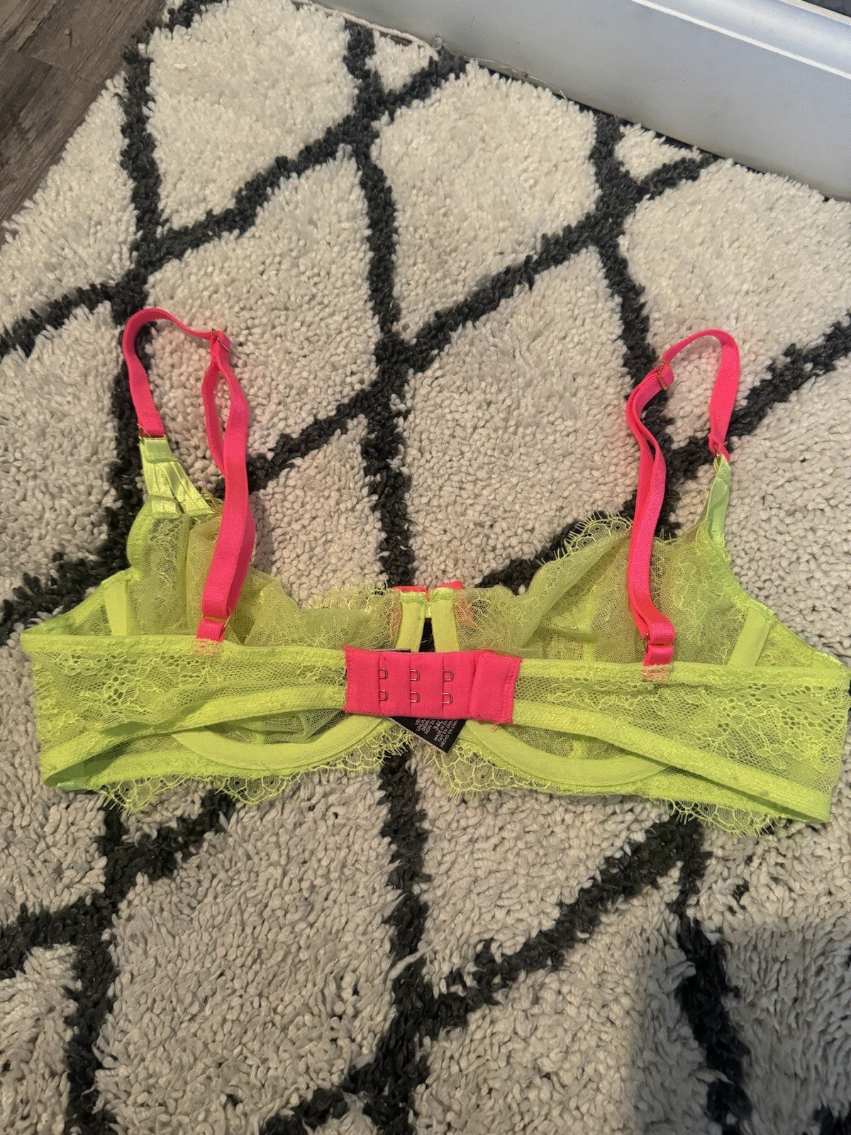 Victorias Secret Very Sexy Unlined Demi Neon Green And Pink Lace 34c 