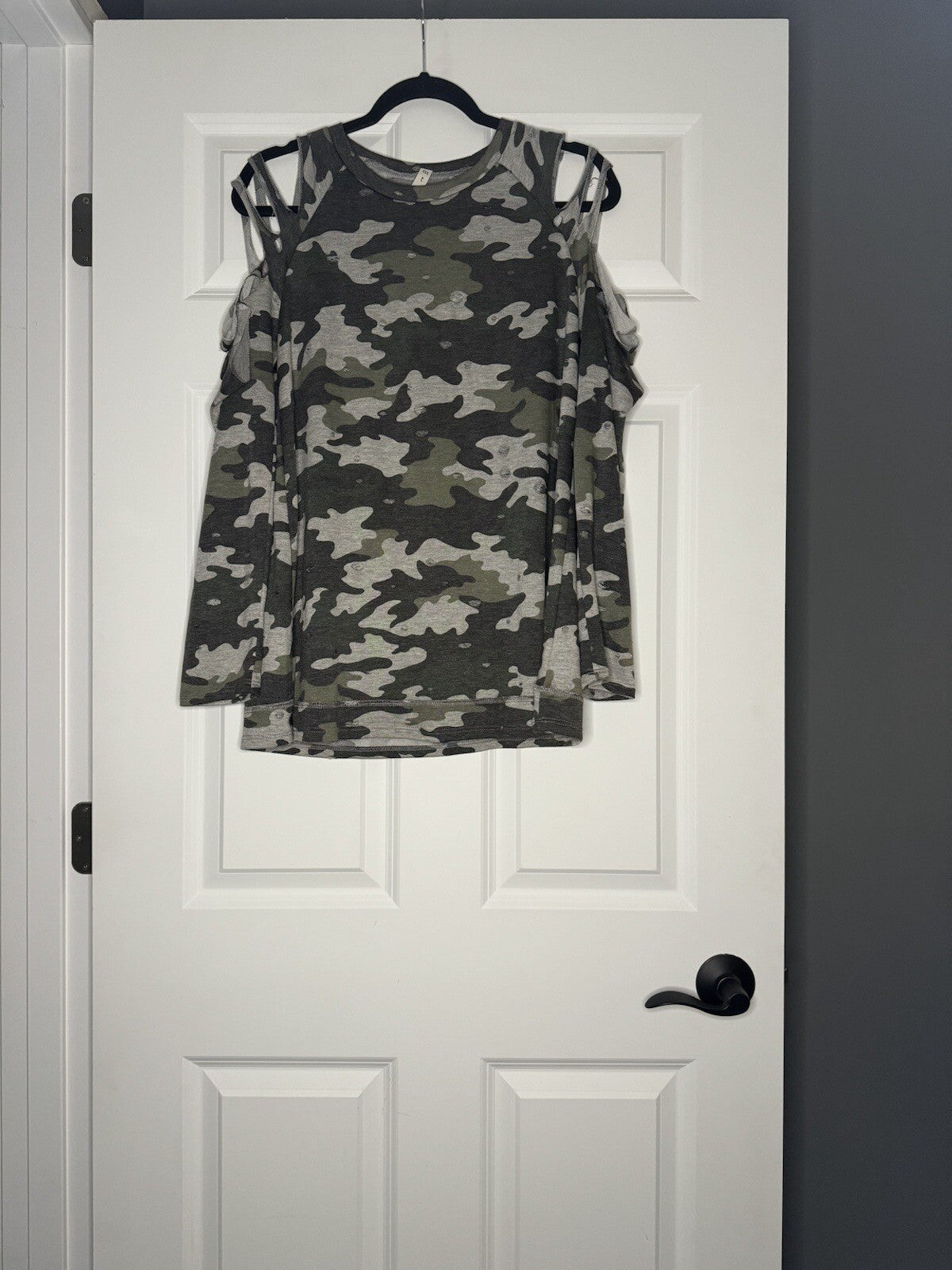 Mts Long Sleeve Blouse Cut Out Shoulders Distressed Camo Print 