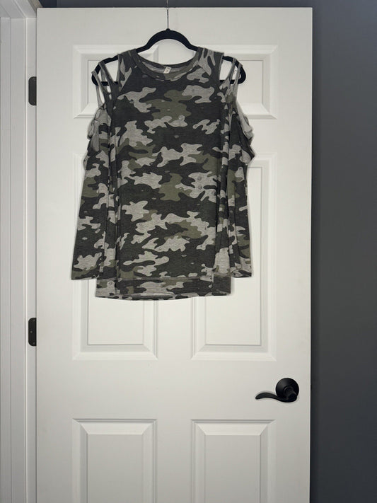 Mts Long Sleeve Blouse Cut Out Shoulders Distressed Camo Print 