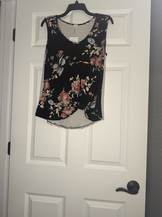 7th Ray Sleeveless Blouse Small Black W Multi Floral Twist Front 