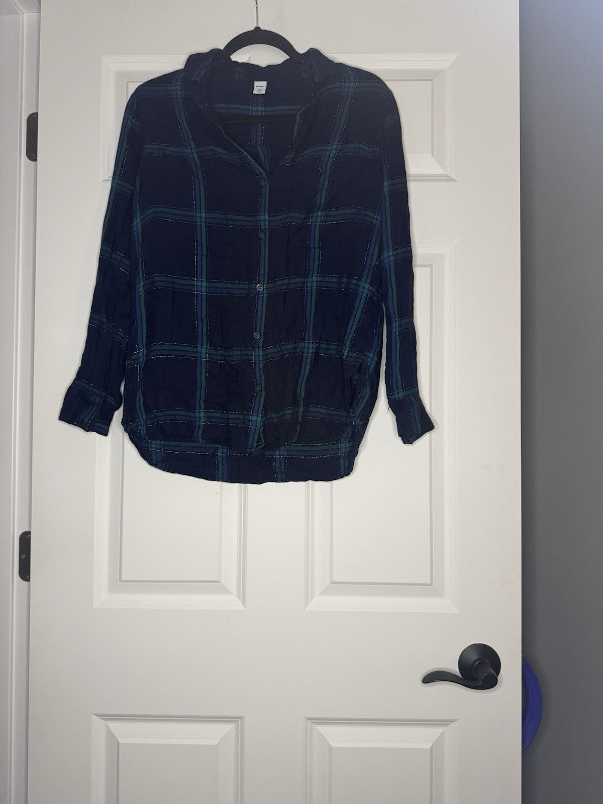 Old Navy Button Up Blouse Medium Blue Green Silver 