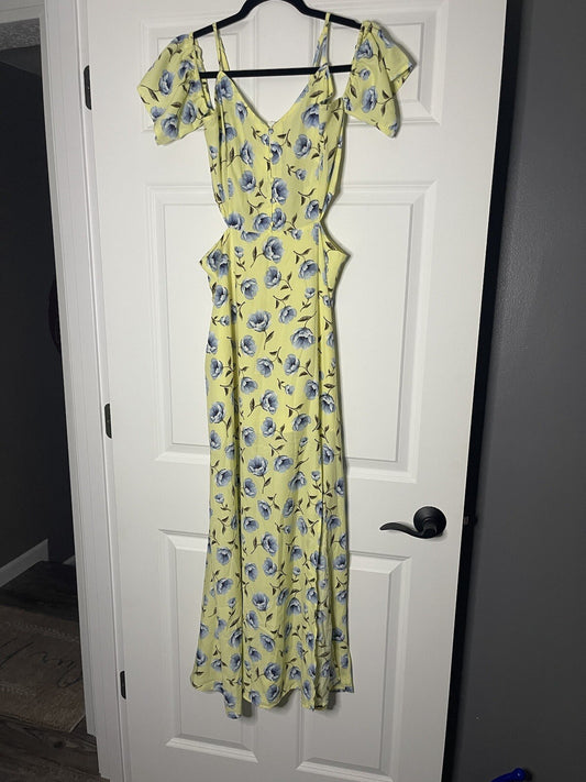 Blu pepper off shoulder dress large yellow with blue green floral NWT