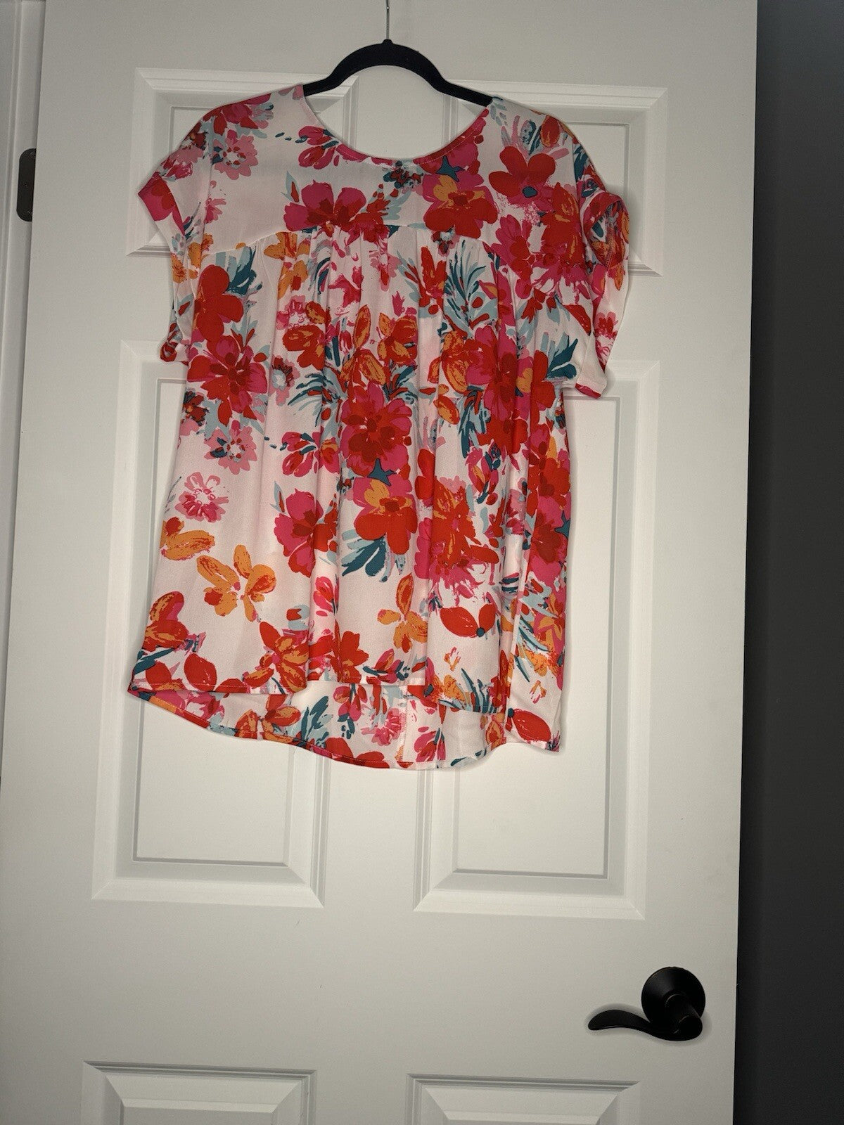 Emily Wonder Xl Short Sleeve Blouse White Red Pink Orange Green Floral Print 