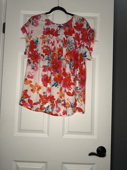 Emily Wonder Xl Short Sleeve Blouse White Red Pink Orange Green Floral Print 