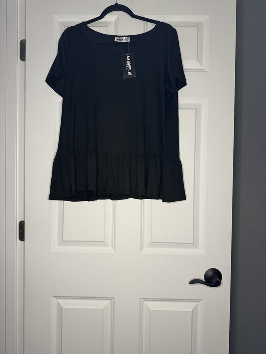 Doubleju Short Sleeve Blouse Large Flowy Bottom Black Nwt 