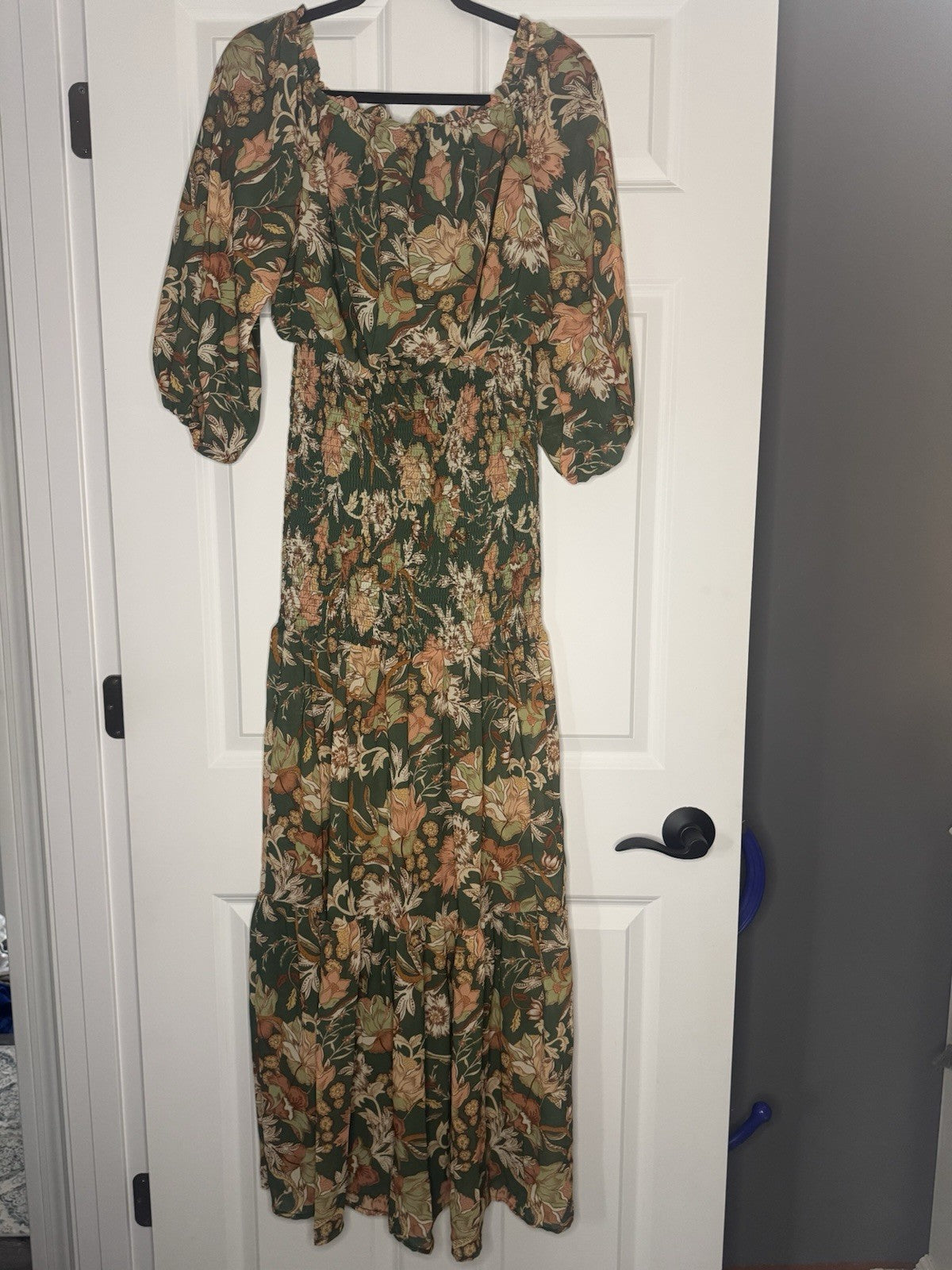 Flying Tomato 3/4 Sleeve Dress Medium Green W Rust Green Mustard Floral 
