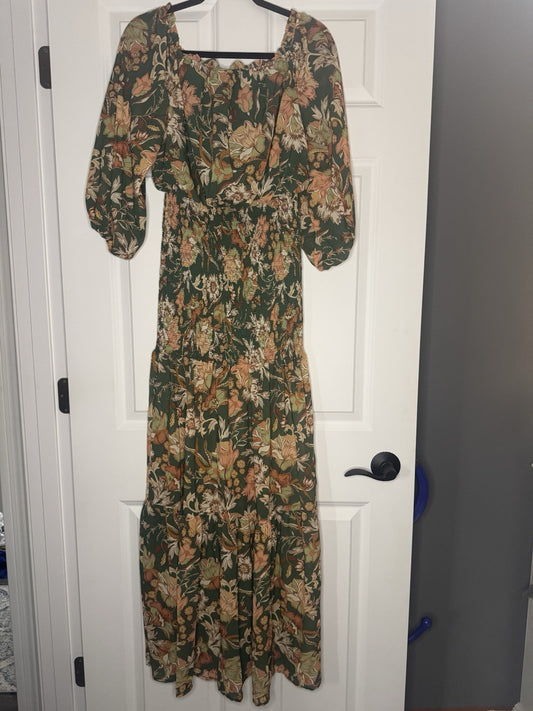 Flying Tomato 3/4 Sleeve Dress Medium Green W Rust Green Mustard Floral 