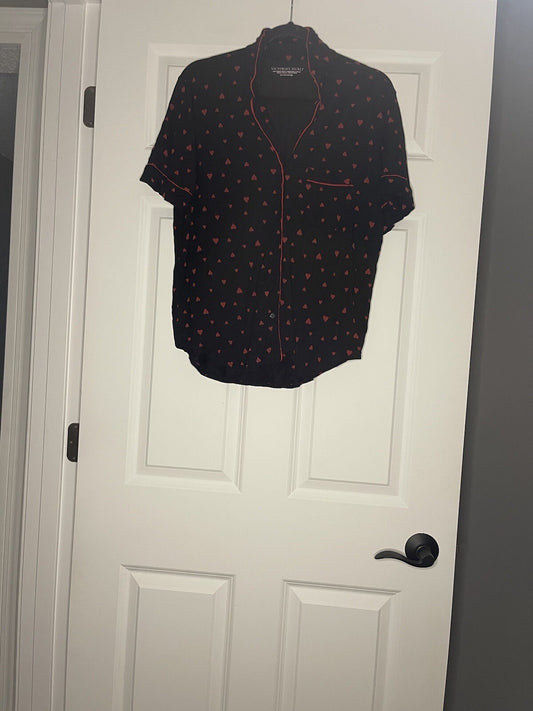 Victorias Secret 2 Piece Pajama Set Small Black With Red Hearts No Drawstring 