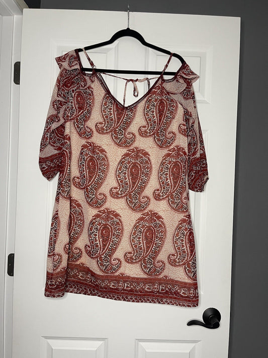 Skies Are Blue Cut Out Shoulder Dress Medium Red Maroon Orange Print