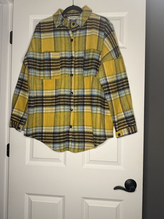 Davi And Dani Large Shacket Yellow Blue Green White Brown Plaid 