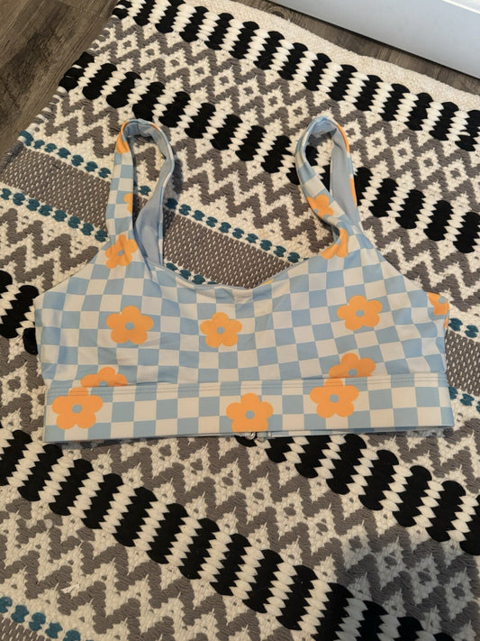 Cyn And Luca Small Bikini Top Blue W White Orange Floral Check Print 