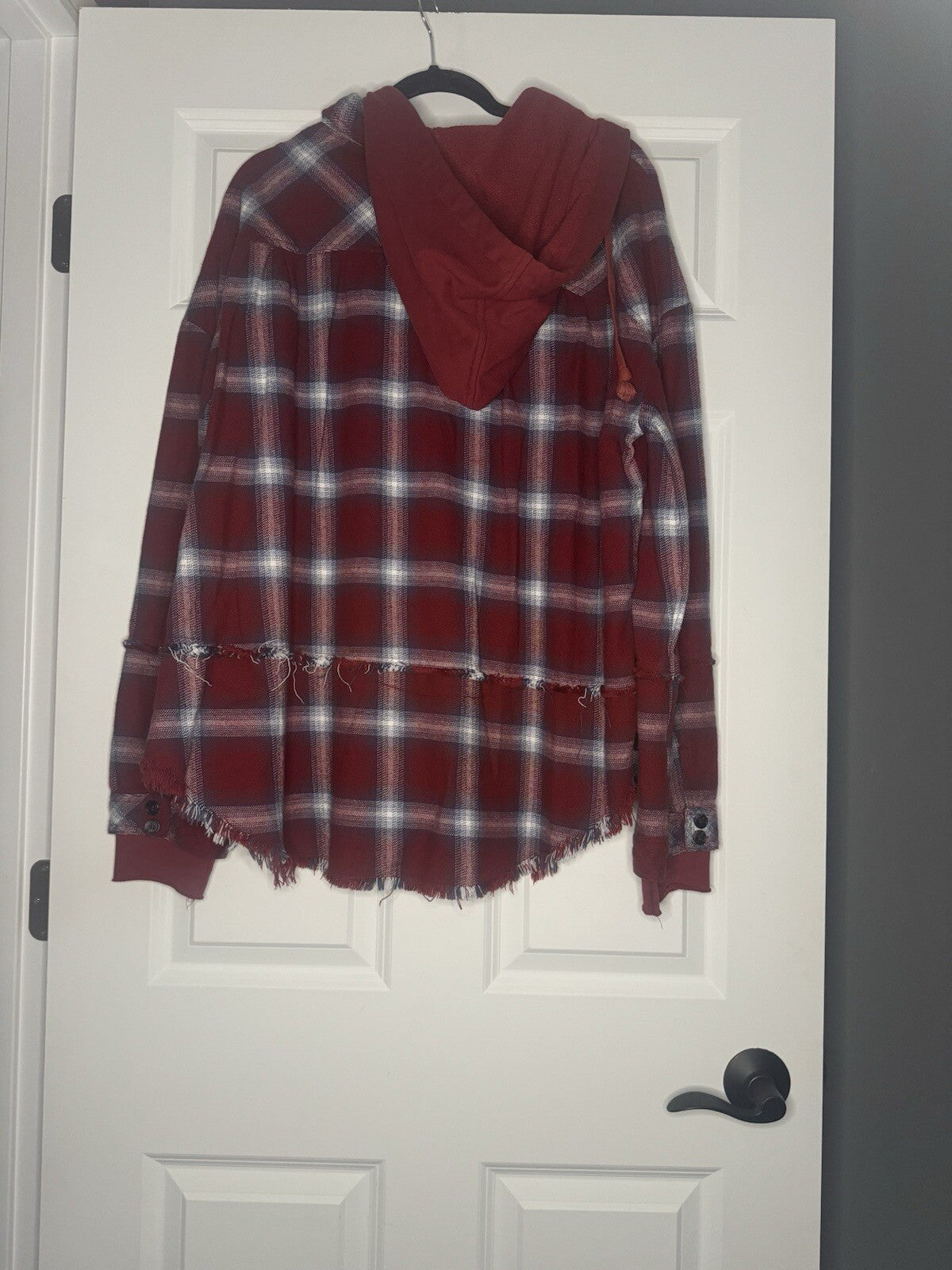Hailey And Co Large Button Up Top Attached Hood Red Blue White Distressed 