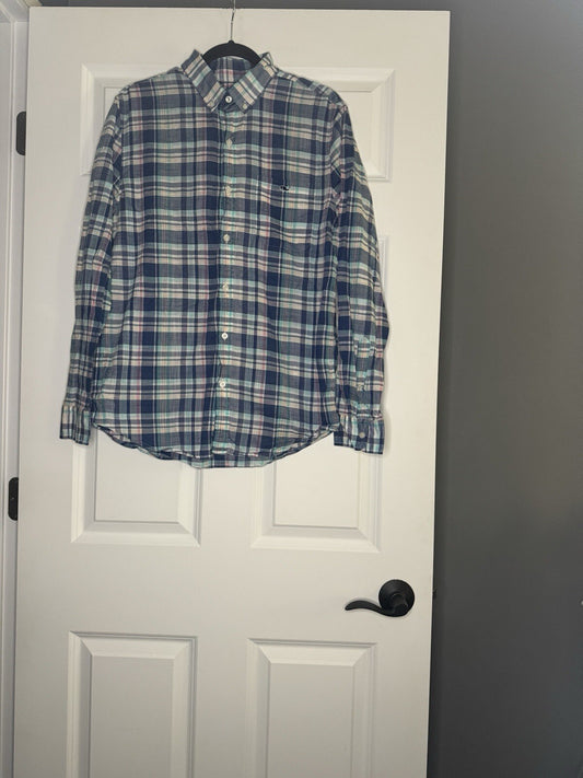 Vineyard Vines Slim Fit Tucker Shirt Medium Teal Pink Orange Blue White Plaid 