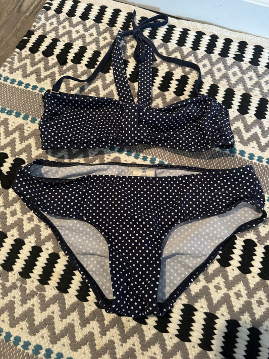 Lands End 2 Piece Bikini Top Small Bottoms XS Navy W White Polka Dots No Padding