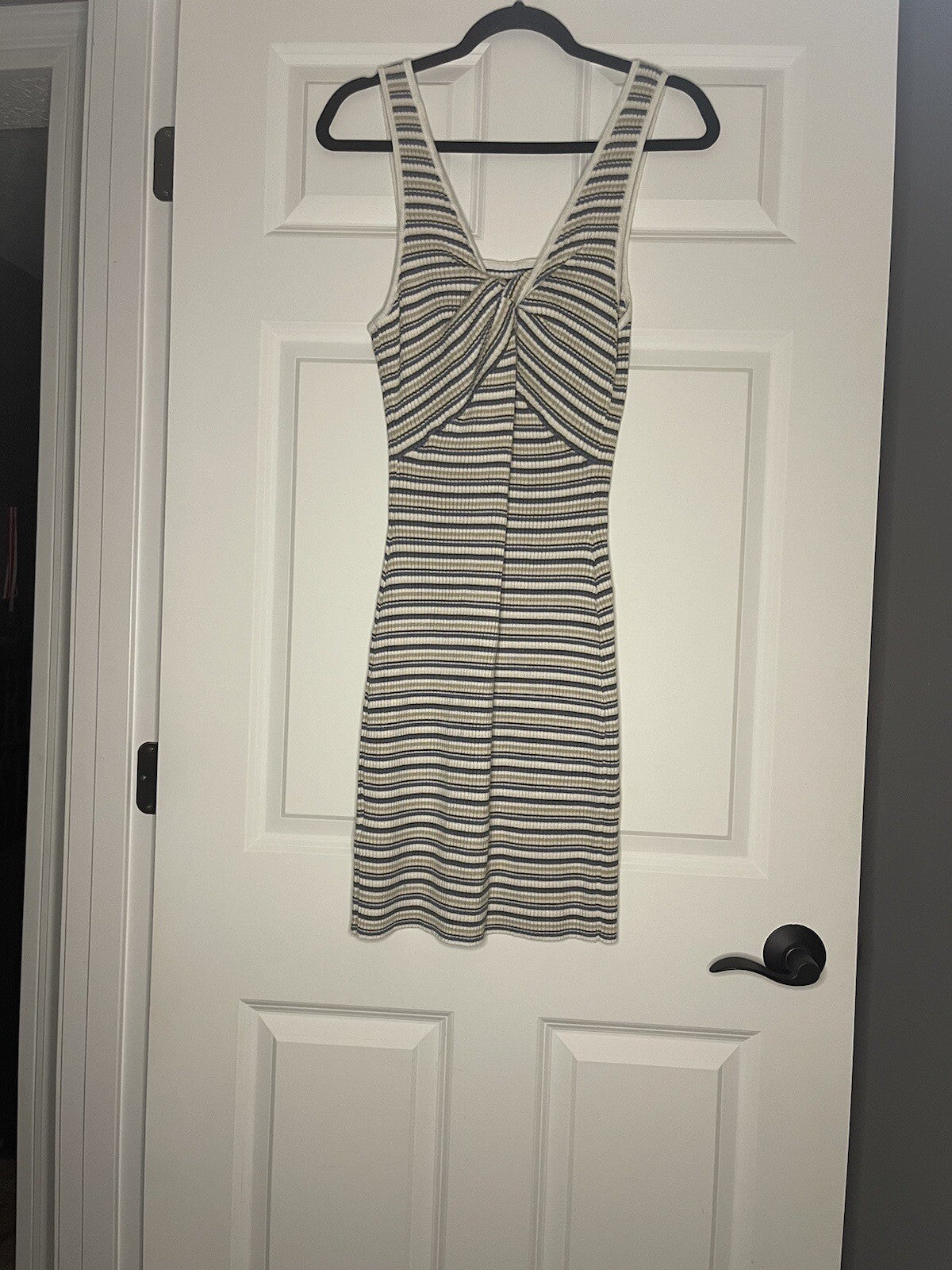 Abercrombie And Fitch Sleeveless Dress Large Tall Ribbed Cream Blue Beige Stripe
