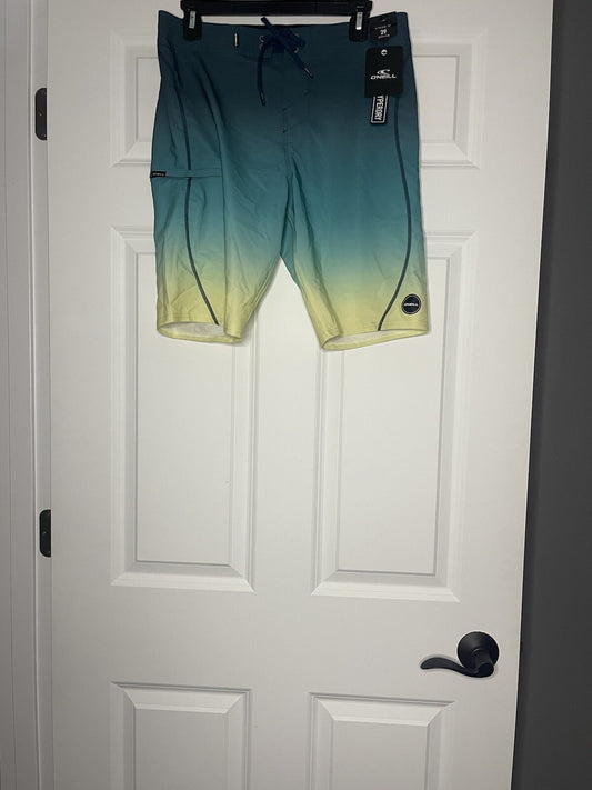 O’Neill At The Knee 20” Stretch Swim Trunks Green Yellow Blue Nwt 