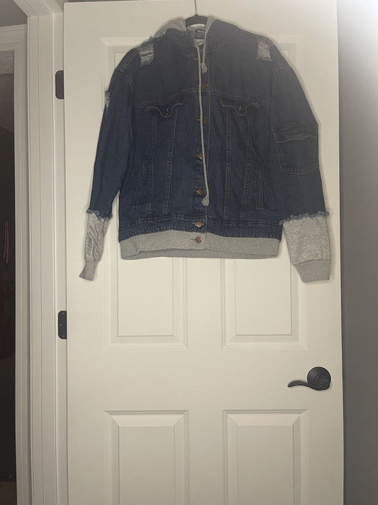 American Bazi Jean Jacket Sweater Hood Distressed Medium Blue Gray 