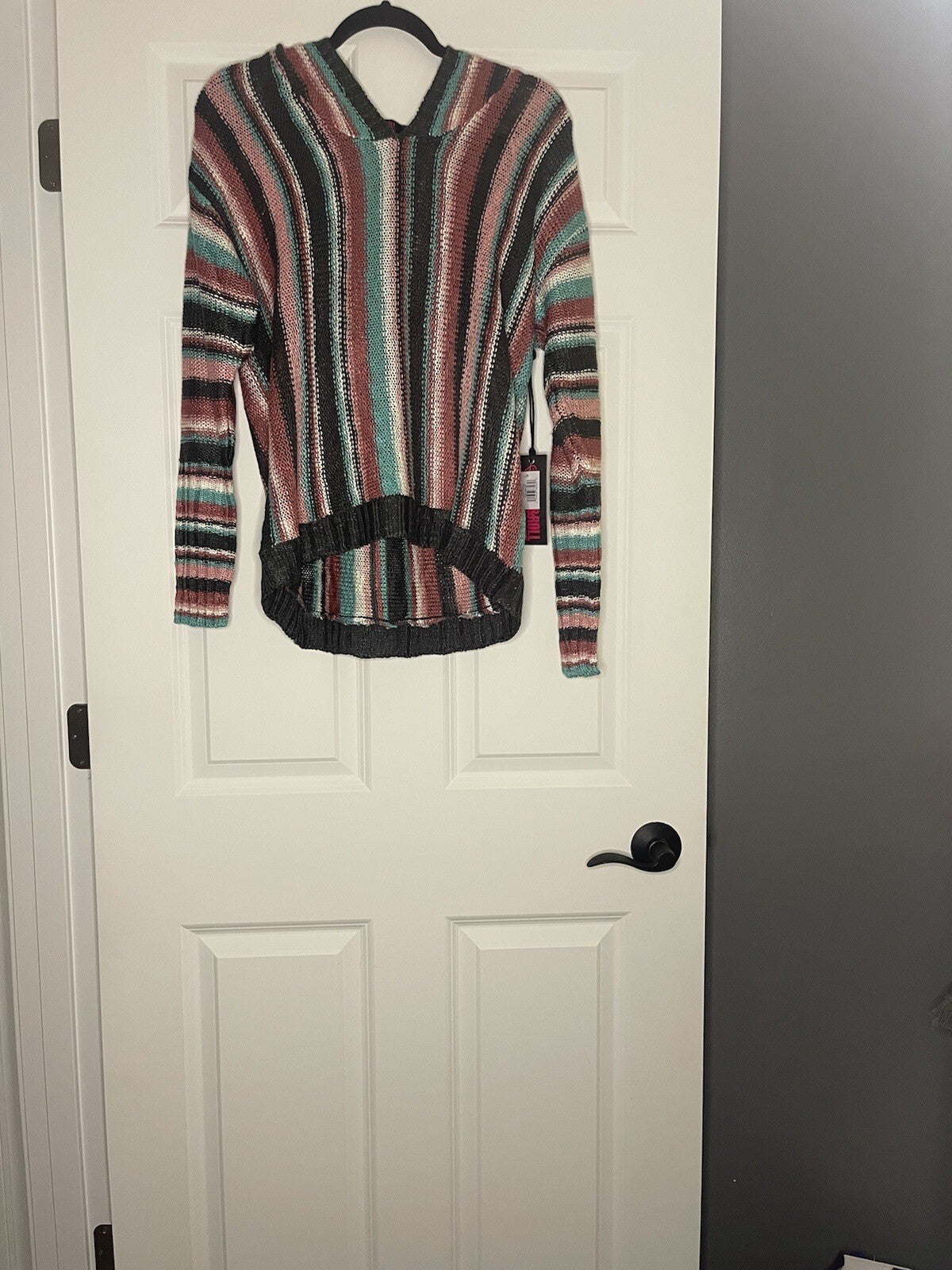 Rock And Roll Sweater With Hood Large Gray Teal Mauve White Stripe Nwt 