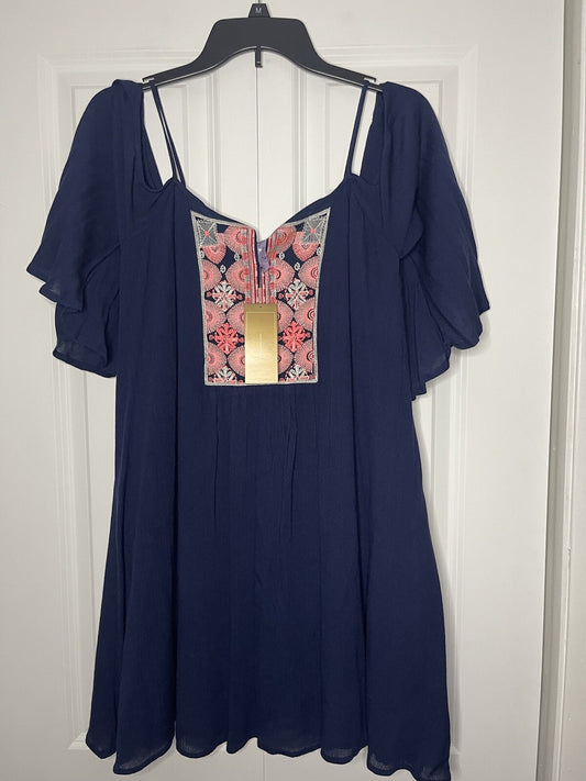 Francescas alya dress cut out shoulders 3/4 sleeve small blue w pink white print