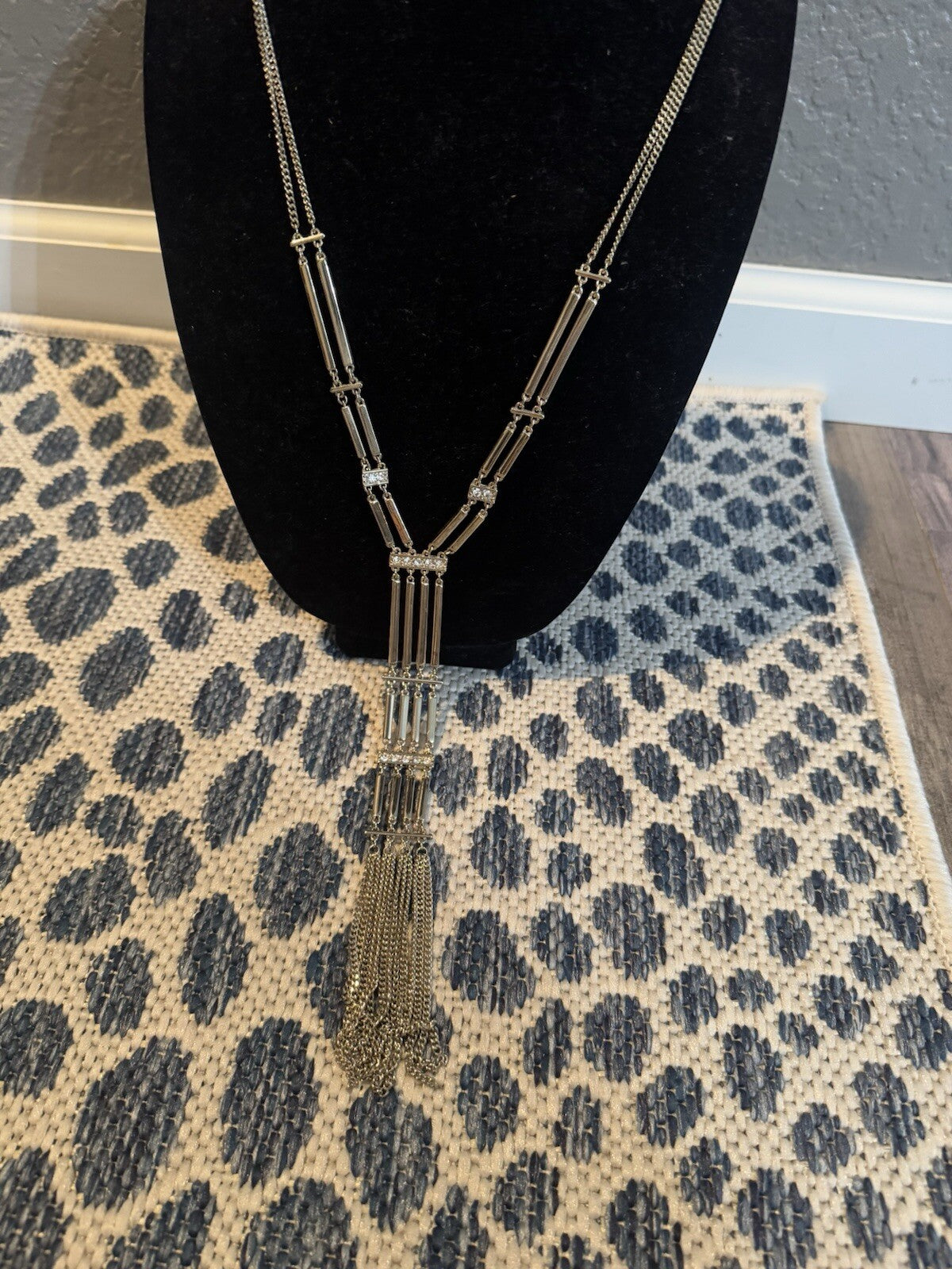 White House Black Market Long Silver Rhinestone Necklace 