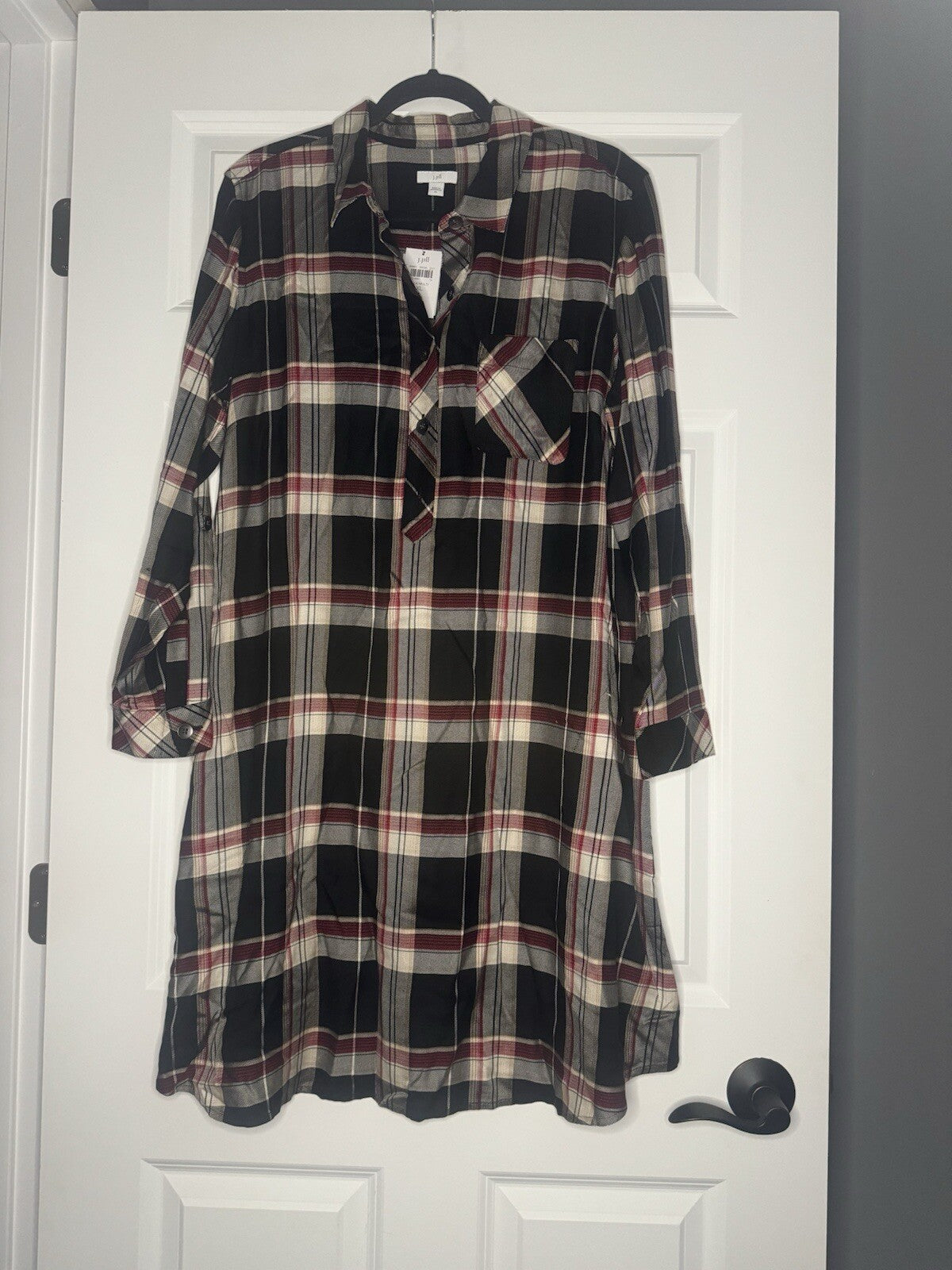 J Jill Dress Long Sleeve Xl Black Cream Red Plaid Nwt Msrp 109