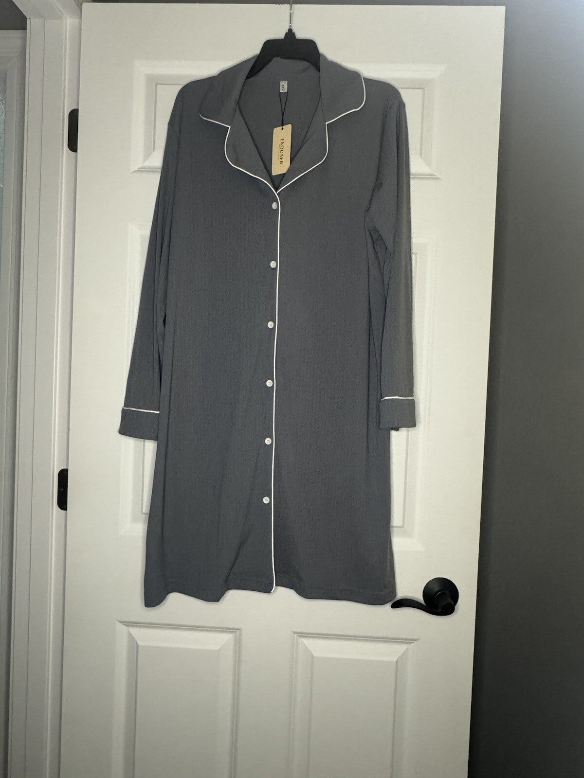 Ekouaer Button Up Pajama Dress Xl Gray With Trim Nwt 