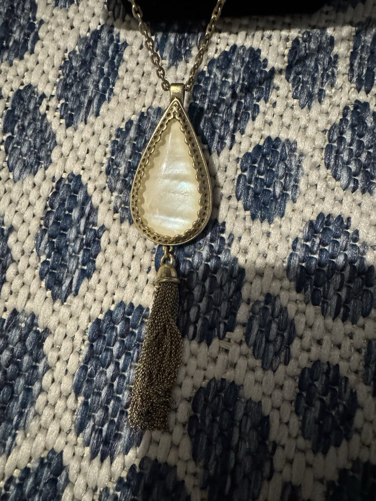 Rustic Cuff Long Necklace Gold With Iridescent White Pendant 