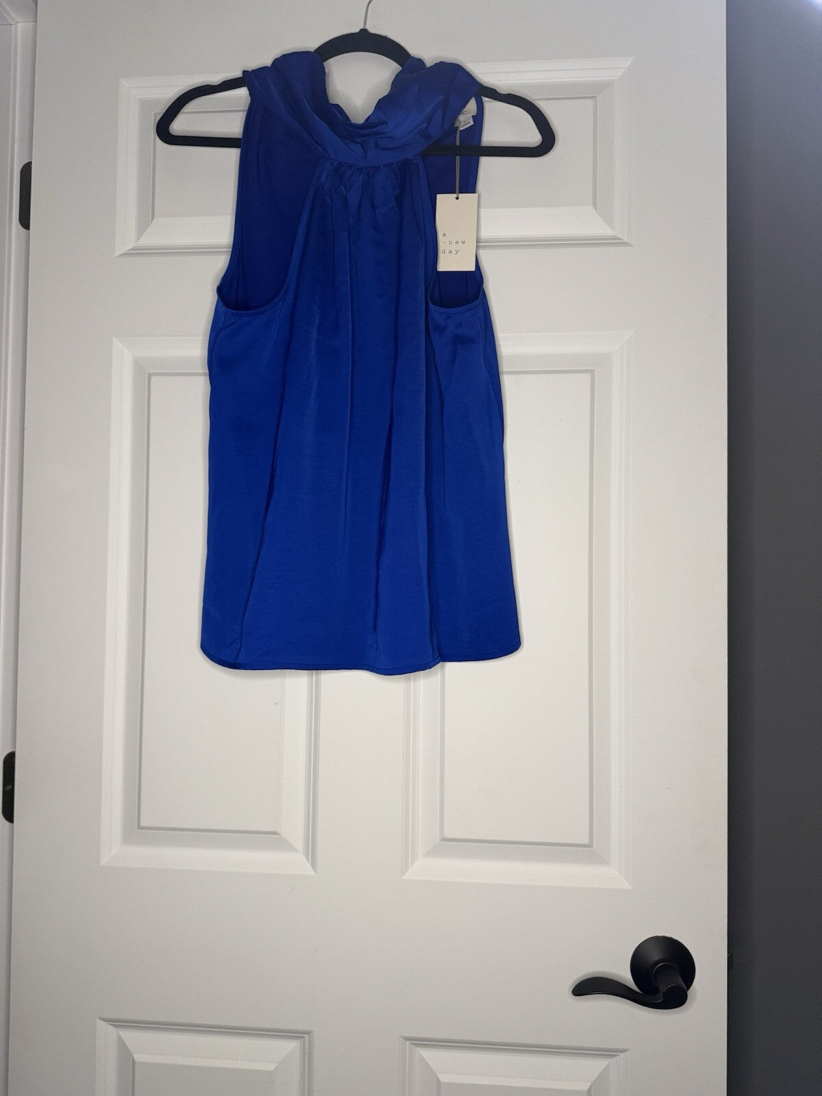 A New Day Large Sleeveless Blouse High Tie Neck Blue Nwt