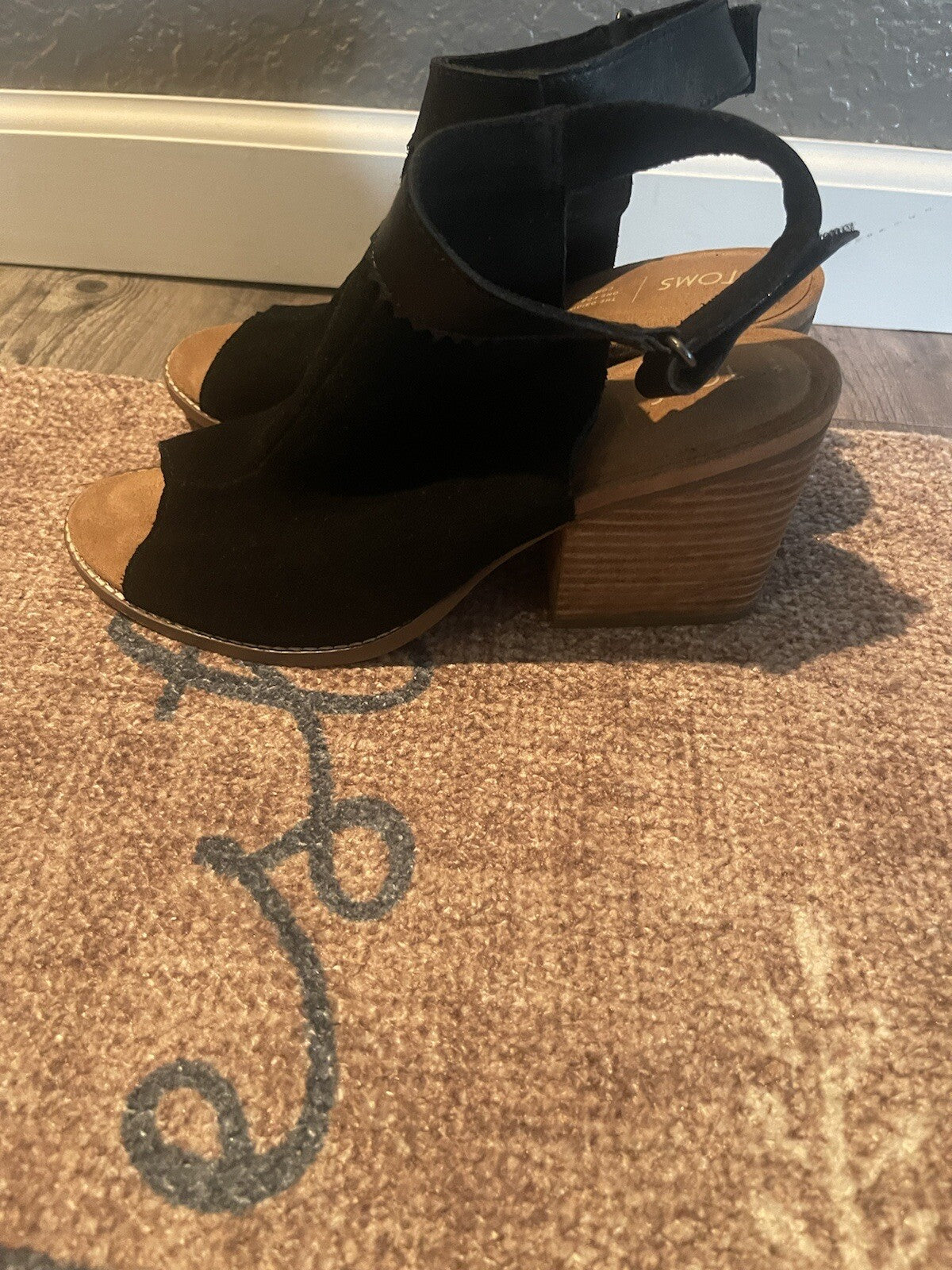 Toms black strappy peep toe heels size 9