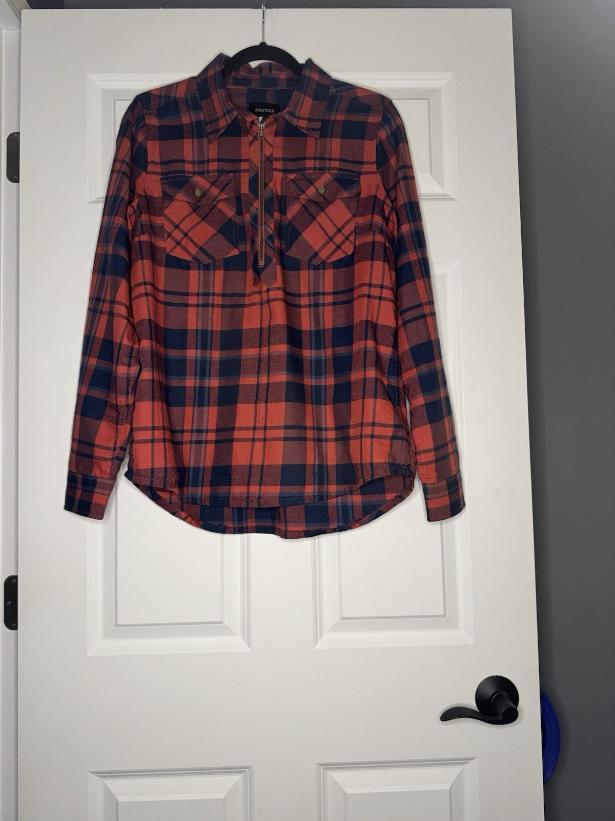 Marmot Half Zip Long Sleeve Top Red Navy Plaid 