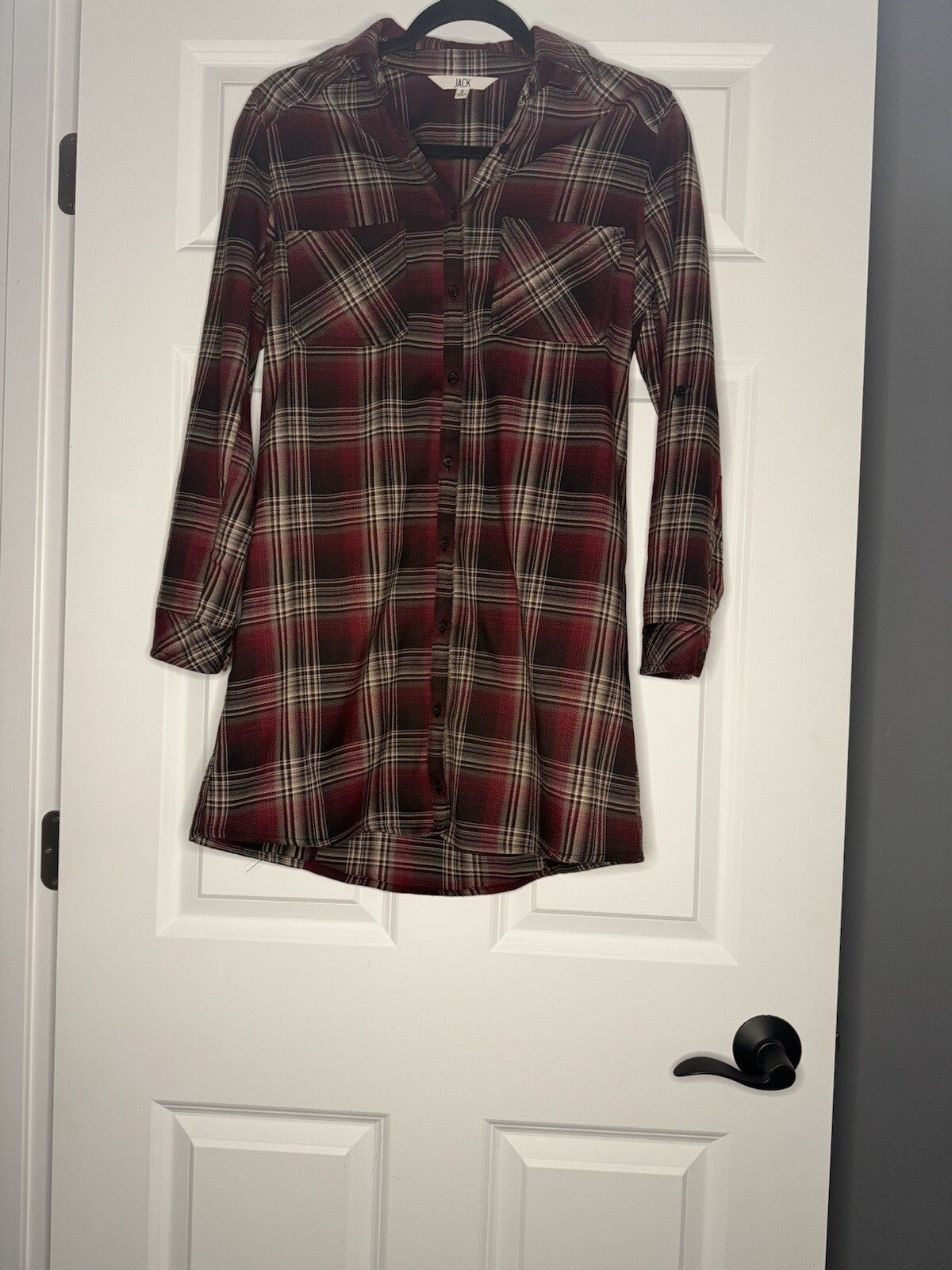 Jack Button Up Dress Small Red Brown Beige Plaid 