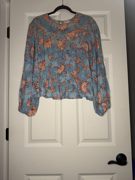 Hailey And Co Long Sleeve Top Blue Coral Purple Floral Peach Stitch Large Nwot 