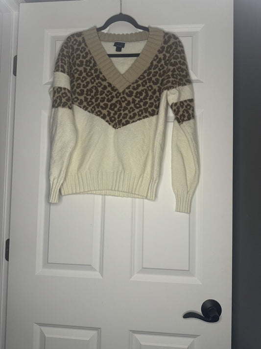 Daytrip V Neck Sweater Small Cream Brown Animal Print 