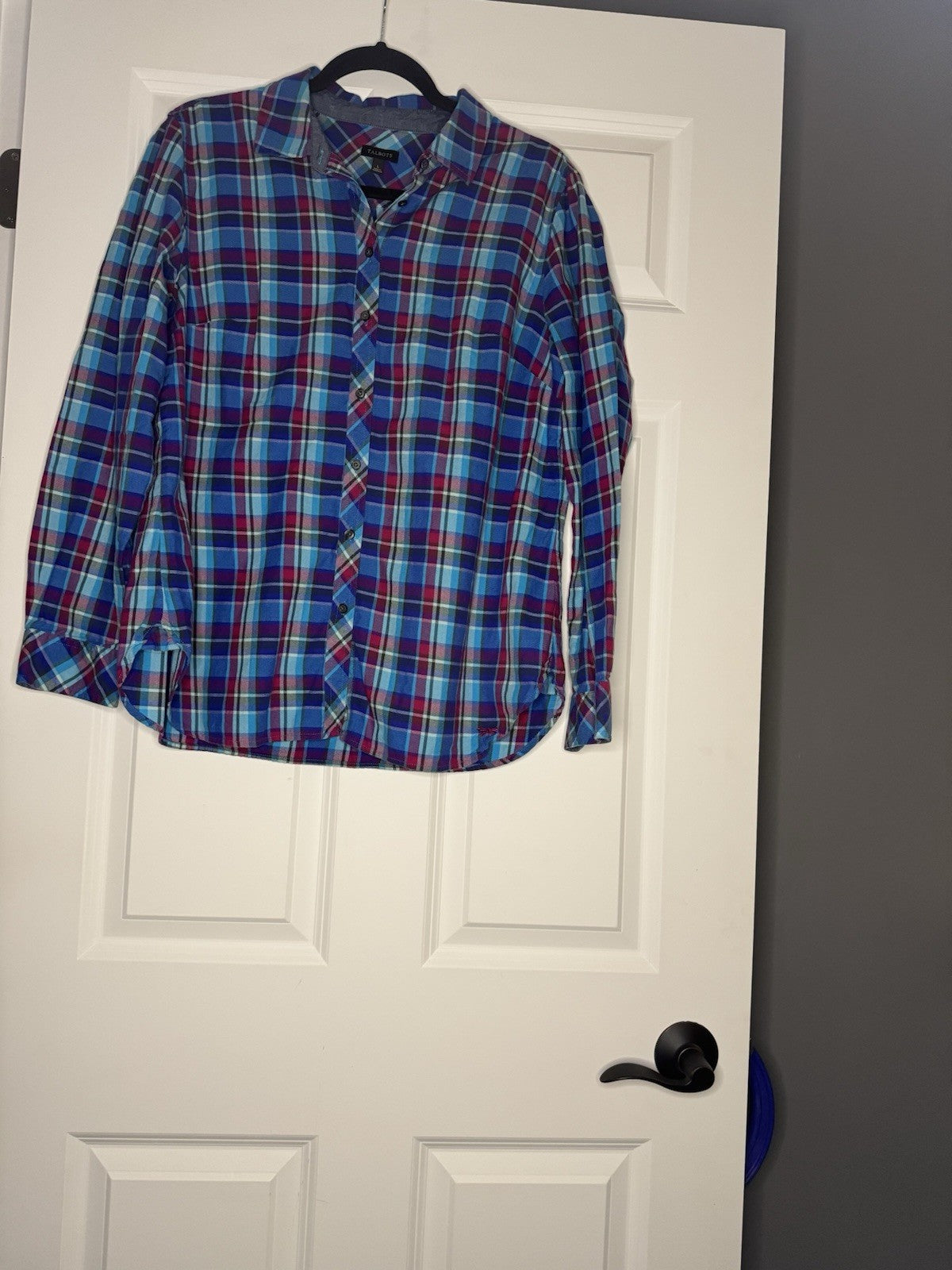 Talbots Button Up Blouse Large Teal Fuscia Violet Olive White Plaid 