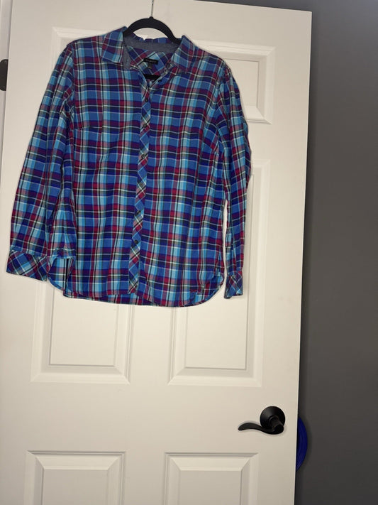 Talbots Button Up Blouse Large Teal Fuscia Violet Olive White Plaid 