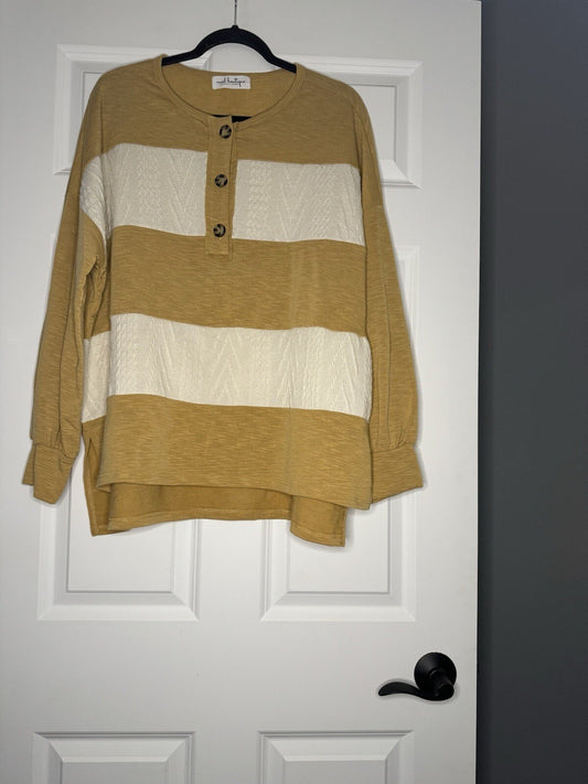 Mod Boutique Long Sleeve Blouse Large Mustard W Cream Stitching  Slits In Sides 