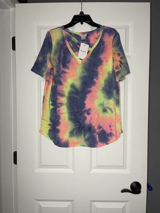 Bibi short sleeve blouse large multicolor tie dye NWT 