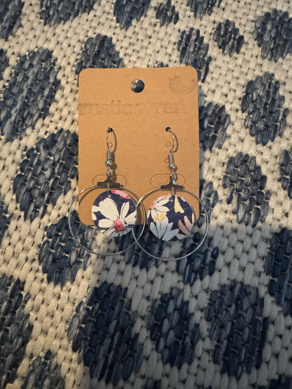 Rustic Wren Earrings Silver With Leather  Blue Floral Print New 