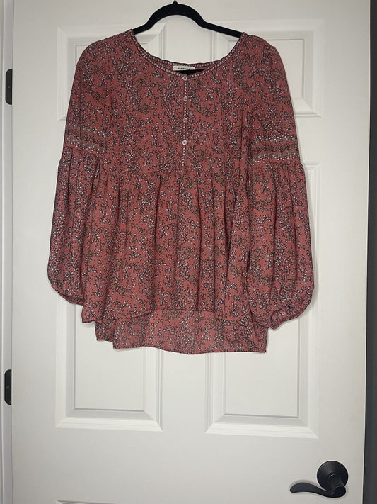 Max Studio Blouse Large Mauve  W Blue Mustard Cream Floral