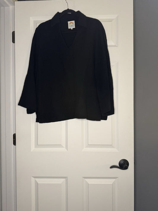 C C California Long Sleeve Top Black Large W Slits In Side 