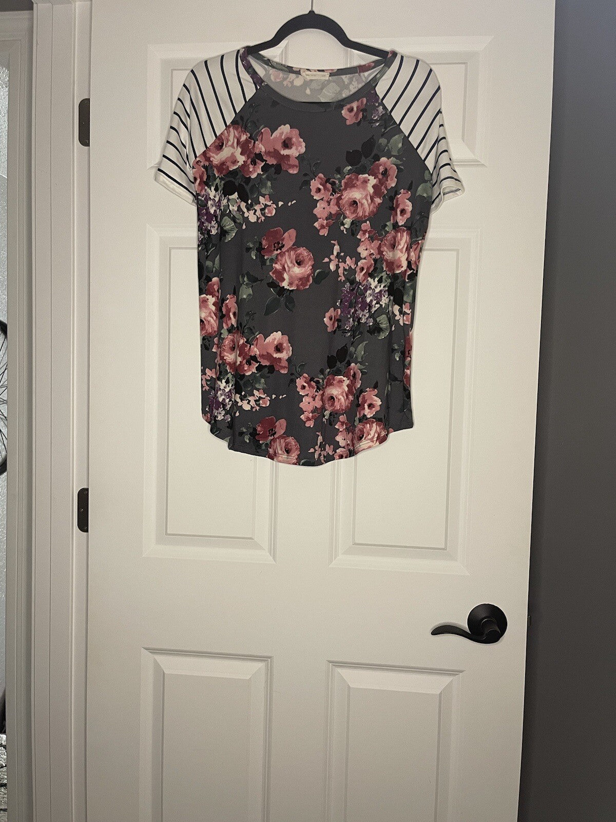 Reborn J Short Sleeve Small Blouse Stripe Sleeves W Gray Multi Floral 