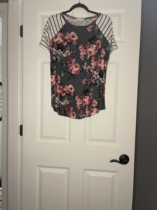 Reborn J Short Sleeve Small Blouse Stripe Sleeves W Gray Multi Floral 