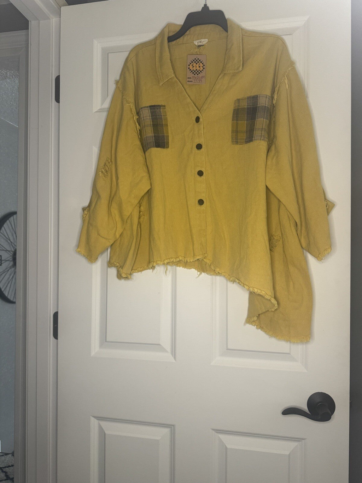 Pol Button Up Jean Jacket Medium Yellow And Blue Distressed Nwt 