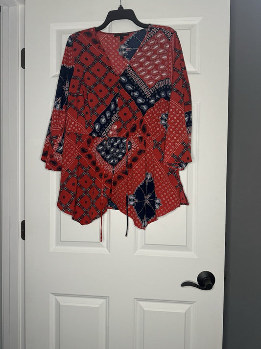 Lane Bryant Long Sleeve Blouse 14/16 Red White Blue Print Nwt 59.95