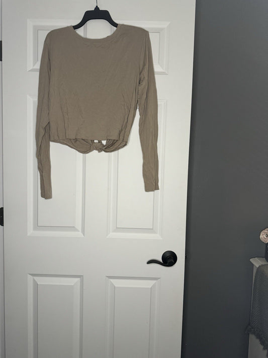Mono B Long Sleeve Crop Tie Back Shirt Large Taupe 