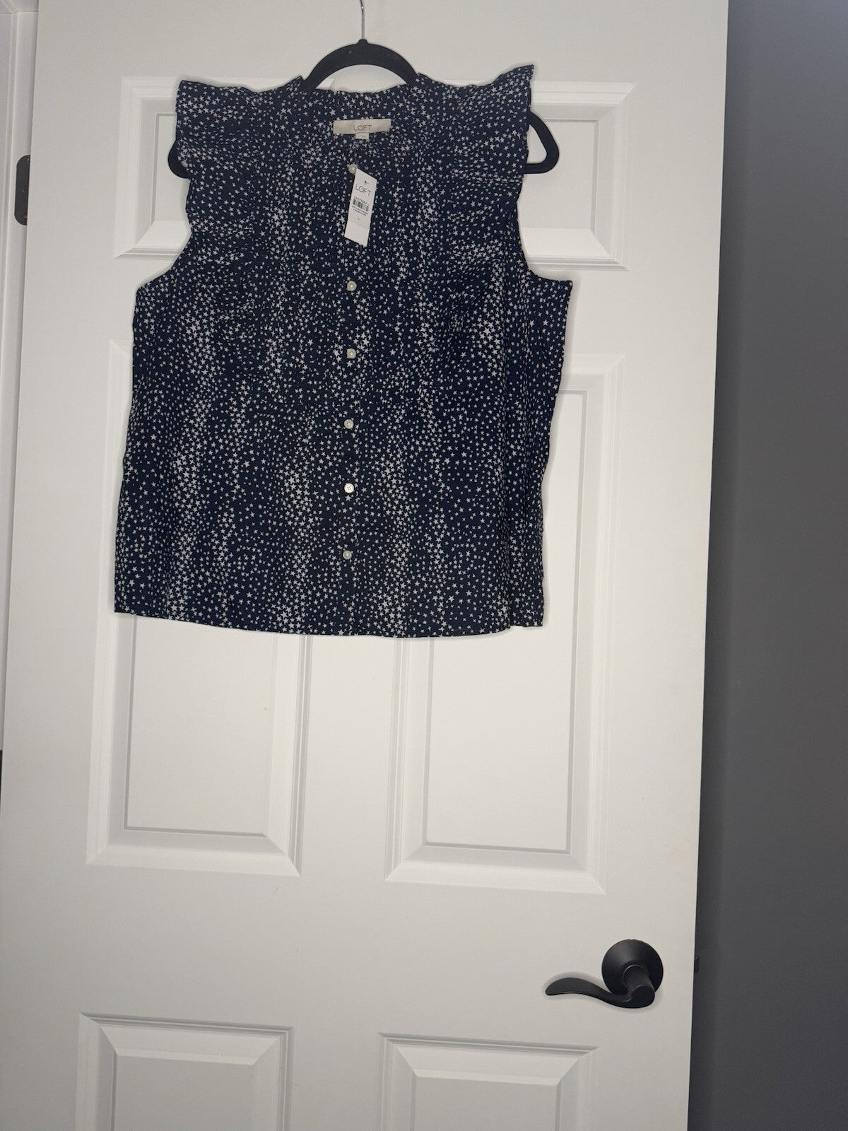 Loft Large Button Up Blouse Navy With White Stars Short Ruffle Sleeve Nwt 