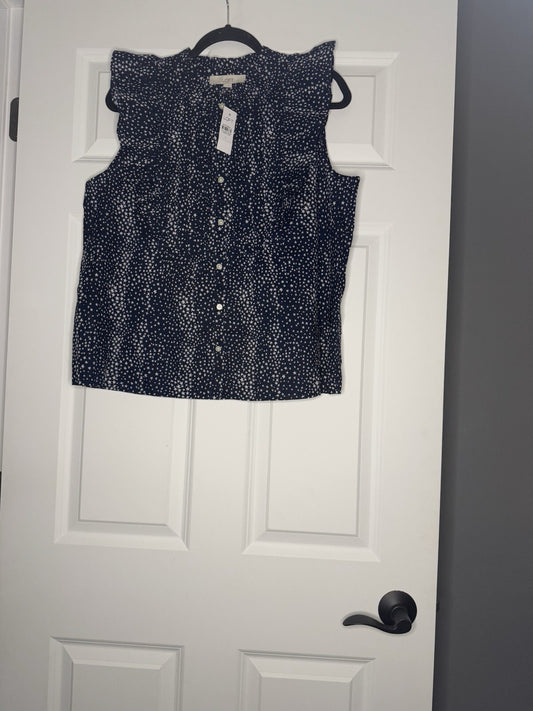 Loft Large Button Up Blouse Navy With White Stars Short Ruffle Sleeve Nwt 