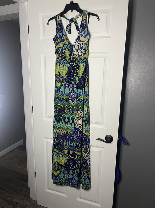 Bisou Bisou halter dress size 8 black green blue tan print 